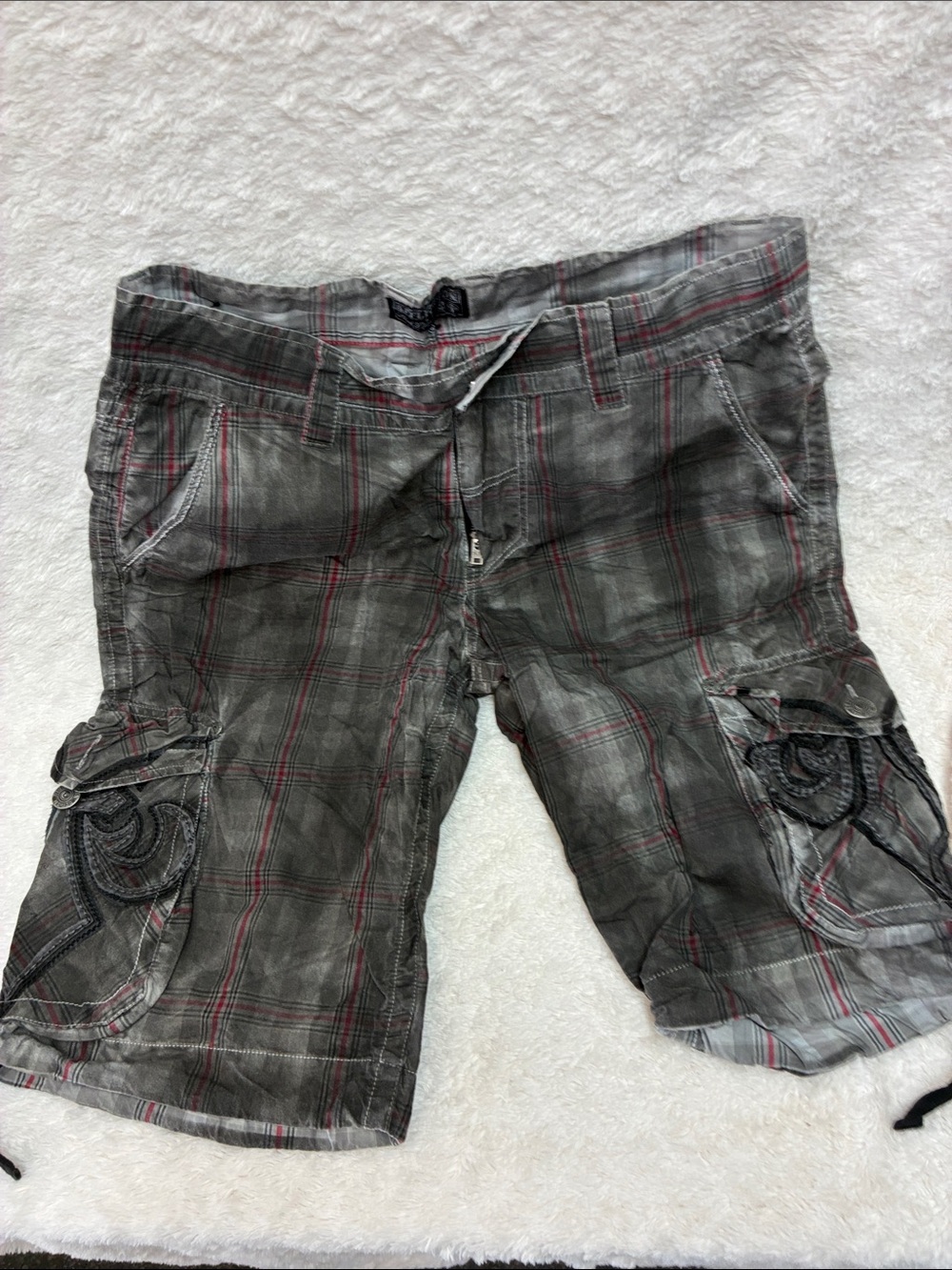 Affliction Gray Plaid Cargo Shorts with Red Accent